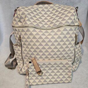 Stylish large faux leather backpack and wristlet with a geometric pattern